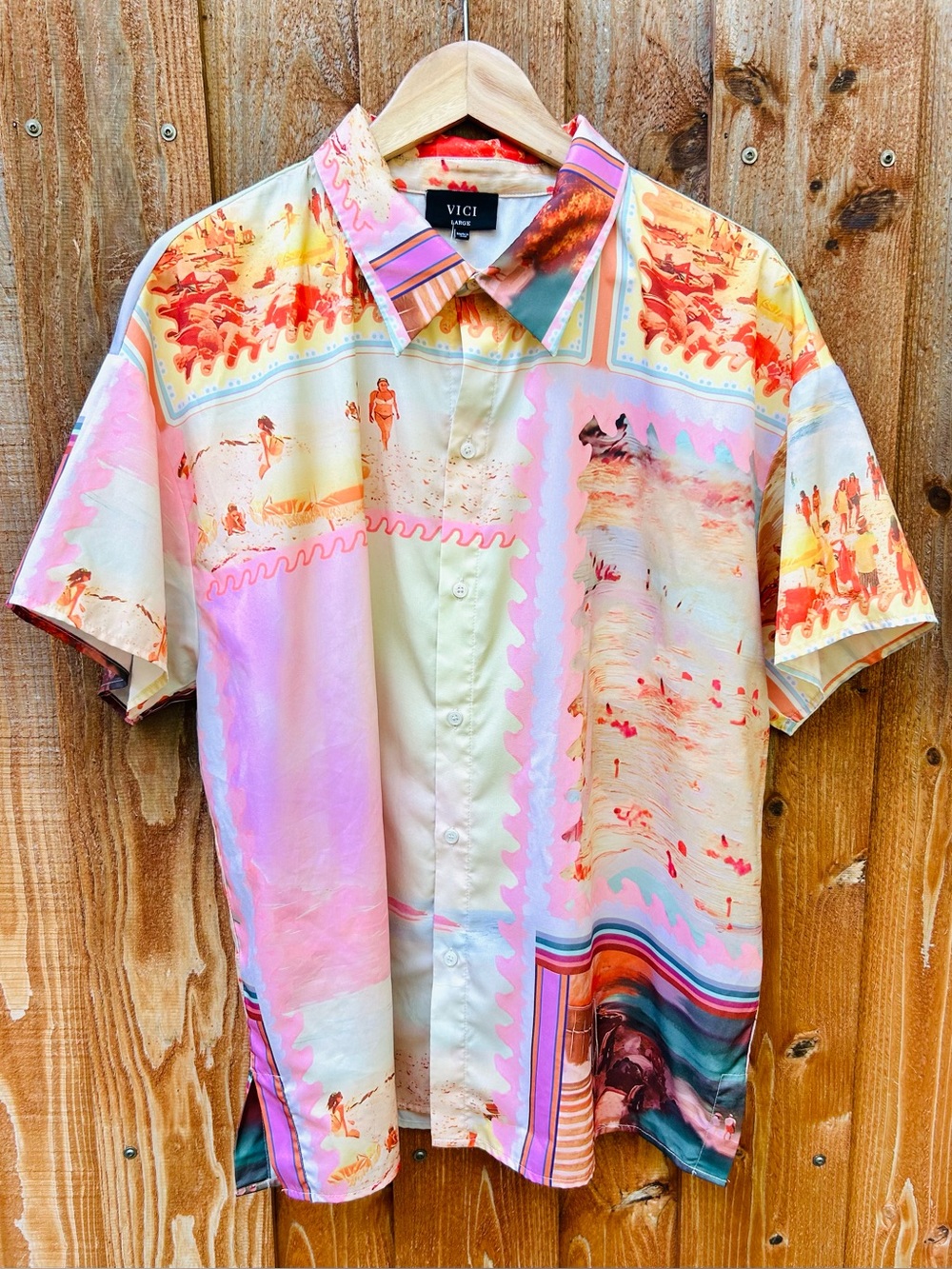 Vici Men's Button Down Short Sleeve Graphic Shirt Resortwear Vacation Beach L